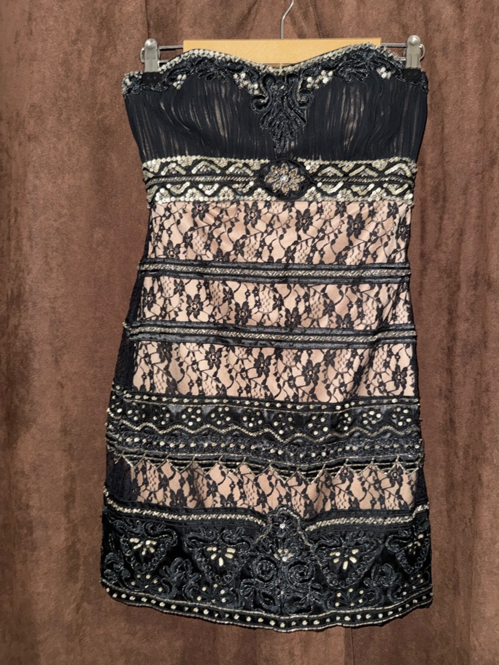 Sue Wong Black Lace Strapless Cocktail Dress with Nude Underlay